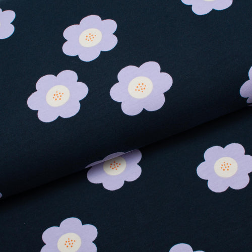 Tissu en ligne Québec french terry de coton lycra motif de grosses fleurs. Online Canadian fabric cotton spandex french terry with big flowers.
