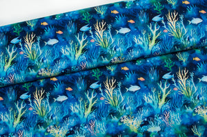 Tissu en ligne Québec jersey de coton lycra motif de poisson. Online canadian fabric shop cotton spandex jersey knit with fish.