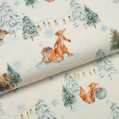 Tissu en ligne Québec jersey de coton lycra motif de renard qui joue dans la neige. Online fabric store cotton spandex jersey knit with fox playing in the snow.