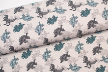 Tissu en ligne french terry de coton lycra motif de dinosaure. Online fabric cotton spandex french terry with dinosaur.