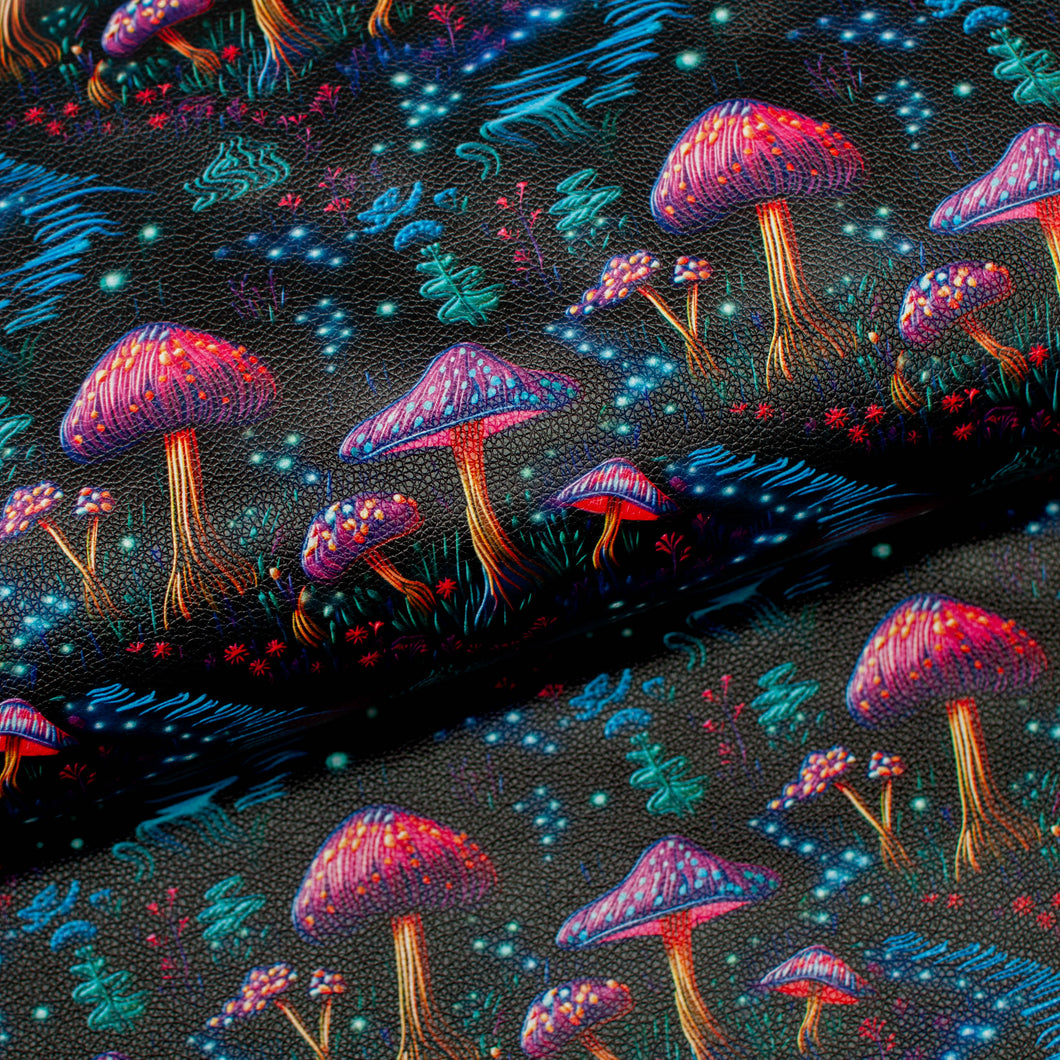 Tissu en ligne Québec similicuir, faux cuir, cuirette avec motif de champignon néon. Online fabric leather with neon mushroom.