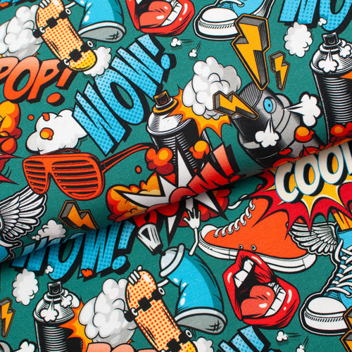 Tissus en ligne Québec jersey de coton lycra motifs d'adolescent style graffiti. Online fabric store cotton spandex jersey knit with graffiti teen pattern.