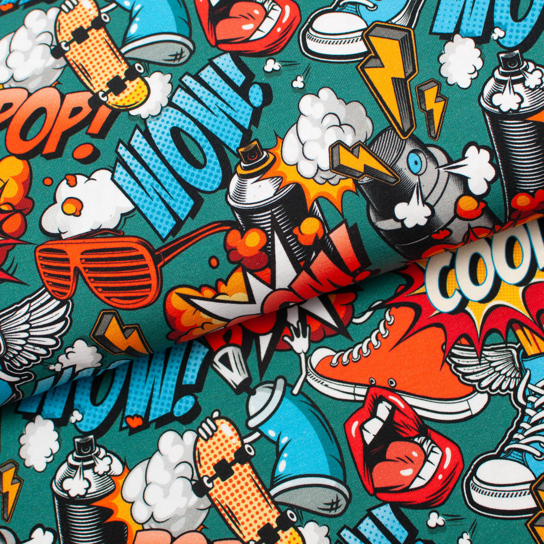 Tissus en ligne Québec jersey de coton lycra motifs d'adolescent style graffiti. Online fabric store cotton spandex jersey knit with graffiti teen pattern.