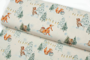 Tissu en ligne Québec jersey de coton lycra motif de renard qui joue dans la neige. Online fabric store cotton spandex jersey knit with fox playing in the snow.