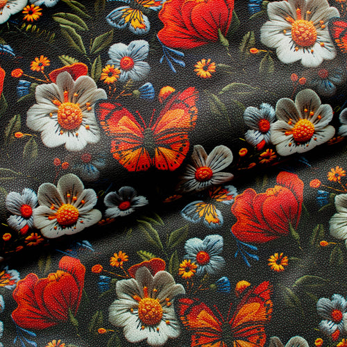 Tissu en ligne Québec similicuir, faux cuir, cuirette avec motif de papillon monarque et de fleurs. Online fabric leather with butterfly and flowers.