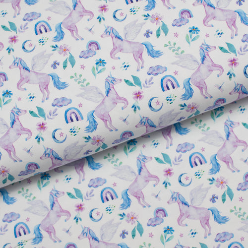 Tissu en ligne Québec jersey de coton lycra motif de licorne et d'arc-en-ciel. Online fabric store cotton spandex jersey knit with unicorn and rainbow.