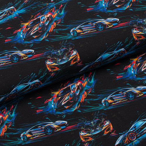 Tissu en ligne Québec jersey de coton lycra motif d'auto sport de luxe. Online fabric store cotton spandex jersey knit with sport car.