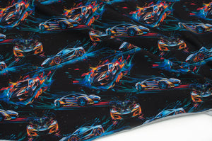 Tissu en ligne Québec jersey de coton lycra motif d'auto sport de luxe. Online fabric store cotton spandex jersey knit with sport car.