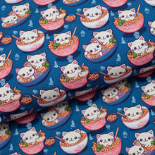 Tissu en ligne Québec jersey de coton lycra motif de chat dans une soupe ramen. Online fabric store cotton spandex jersey knit with cat in a ramen soup