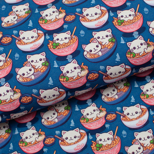 Tissu en ligne Québec jersey de coton lycra motif de chat dans une soupe ramen. Online fabric store cotton spandex jersey knit with cat in a ramen soup