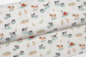 Tissu en ligne Québec jersey de coton lycra motif d'animaux de ferme. Online fabric store cotton pandex jersey knit with farm animals.