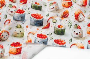 Tissu en ligne Québec popeline 100% coton avec motif de sushis. Online fabric store 100% cotton poplin with sushi.