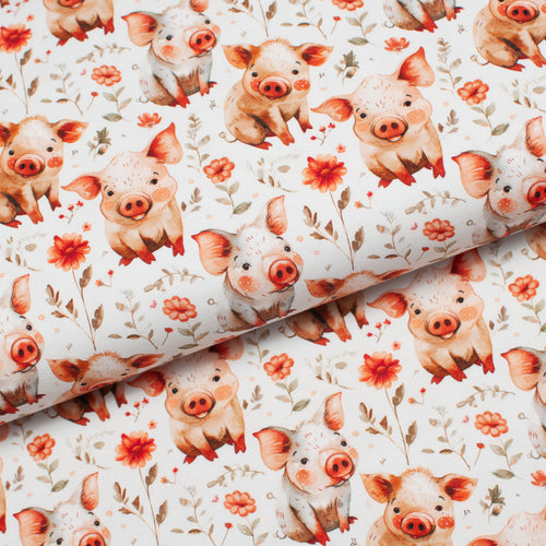 Tissu en ligne Québec jersey de coton lycra motif de cochons. Online fabric store cotton spandex jersey knit with pigs.