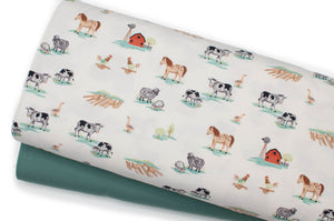 Tissu en ligne Québec jersey de coton lycra motif d'animaux de ferme. Online fabric store cotton pandex jersey knit with farm animals.