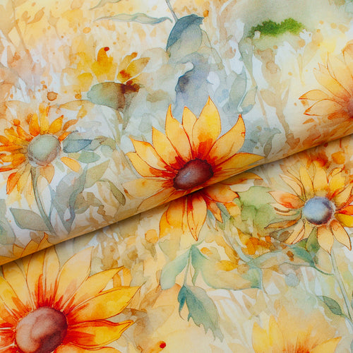 Tissu en ligne Québec jersey de coton lycra motif de fleur tournesol. Online fabric cotton spandex jersey knit with sunflower.