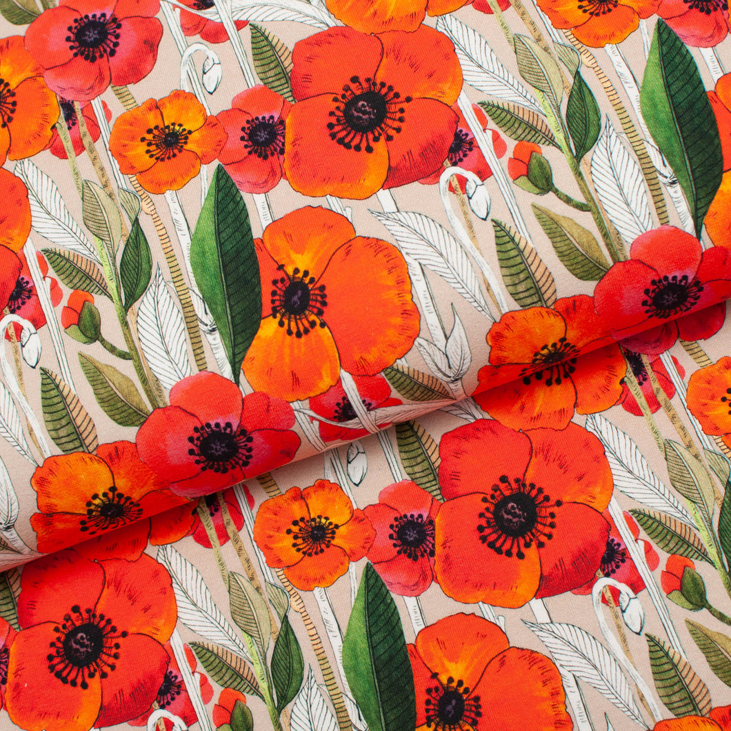 Tissu en ligne Québec jersey de coton lycra motif de fleurs. Online fabric cotton spandex jersey knit with orange flowers.