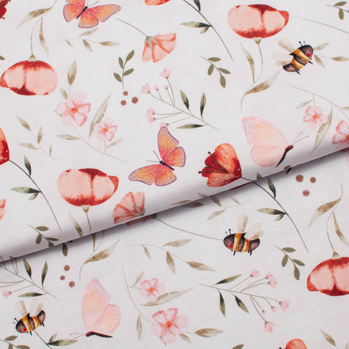Tissus en ligne Québec jersey de coton lycra motif de fleur et papillon. Online fabric store cotton spandex jersey knit with flower and butterfly pattern.
