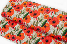 Tissu en ligne Québec jersey de coton lycra motif de fleurs. Online fabric cotton spandex jersey knit with orange flowers.