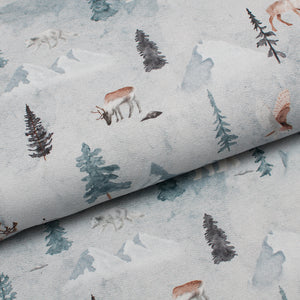 Tissu en ligne Qubec jersey de coton lycra motif d'animaux en hiver. Online fabric cotton spandex jersey knit with winter animal.