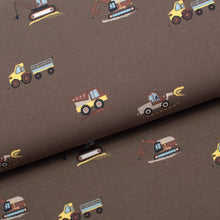 Tissu jersey coton spandex taupe imprimé engins de chantier.