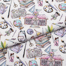 Tissus en ligne Québec jersey de coton lycra motif d'articles scolaire. Online fabric store cotton spandex jersey knit with school.