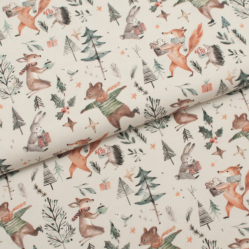 Tissu en ligne Québec jersey de coton lycra motif d'animaux en forêt de Noël. Online fabric cotton spandex jersey knit with christmas forest and animal.