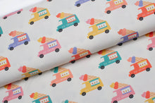 Tissu en ligne Québec jersey de coton lycra motif de camion de crème glacée. Online fabric cotton spandex jersey knit with ice cream truck.