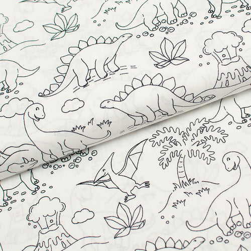 Tissu en ligne Québec popeline 100% coton tissé avec motif de dinosaures à colorier. Online fabric 100% cotton poplin with dinosaur to coloring.