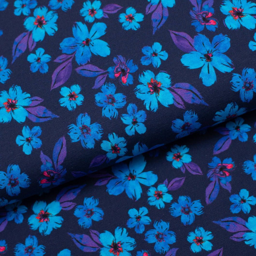 Tissu en ligne Québec jersey de coton lycra motif de fleurs. Online fabric cotton spandex jersey knit with flowers.