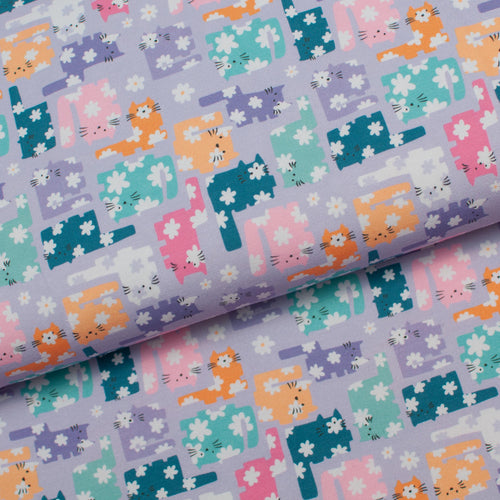 Tissu en ligne Québec jersey de coton lycra motif de chat. Online fabric cotton spandex jersey knit with cat print.