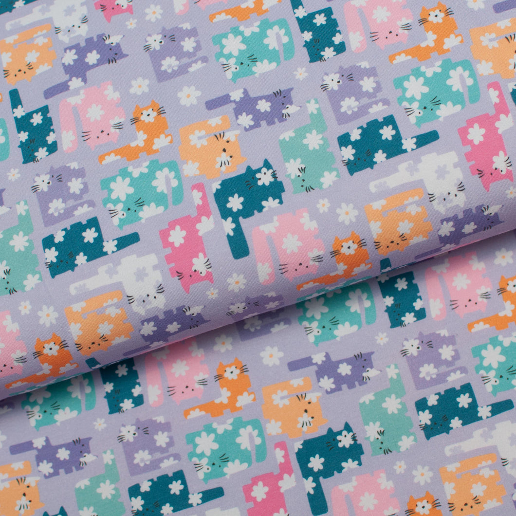 Tissu en ligne Québec jersey de coton lycra motif de chat. Online fabric cotton spandex jersey knit with cat print.