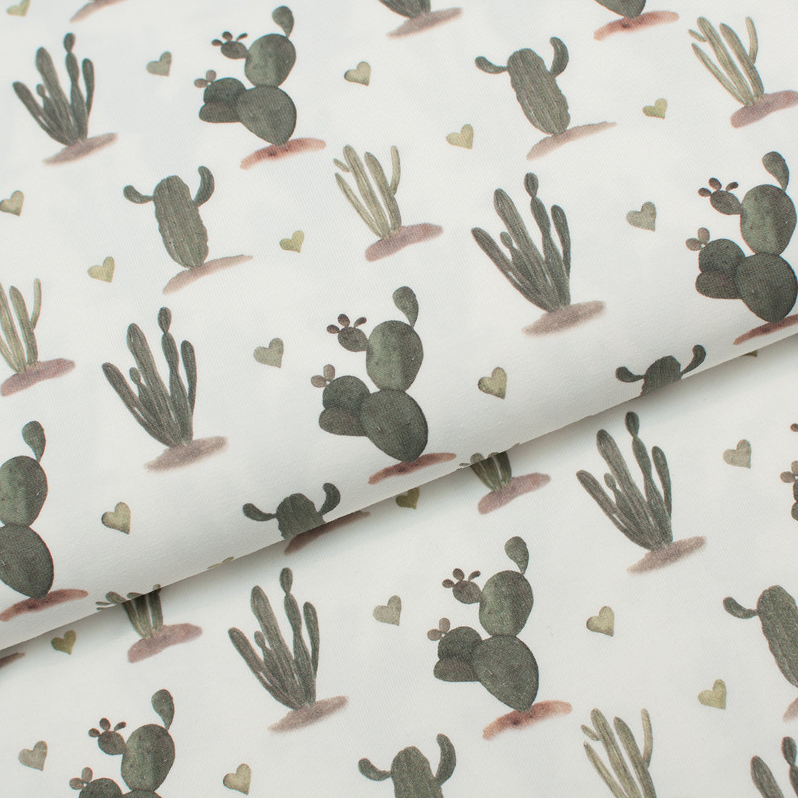 Cotton spandex jersey fabric with cactus and hearts pattern