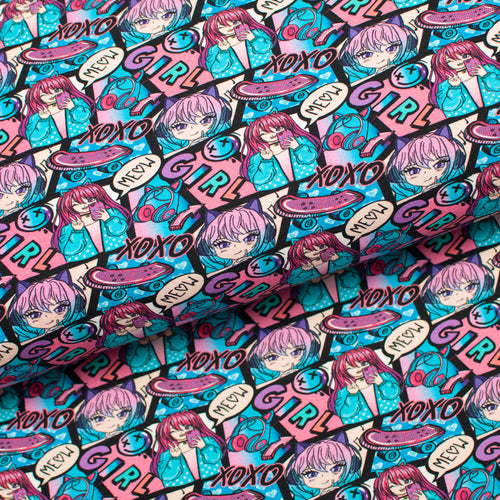 Tissu en ligne Québec jersey de coton lycra motif de fille manga. Online fabric cotton spandex jersey knit with manga girl.