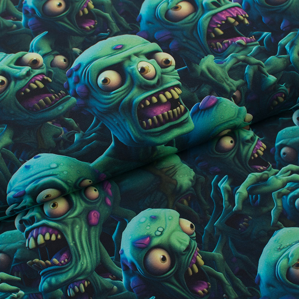 Tissu en ligne jersey de coton lycra motif de zombie 3D. Online fabric cotton spandex jersey knit with zombie.