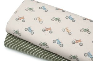 Tissu en ligne Québec jersey de coton lycra motif de moto. Online fabric cotton spandex jersey knit withmotorbike.