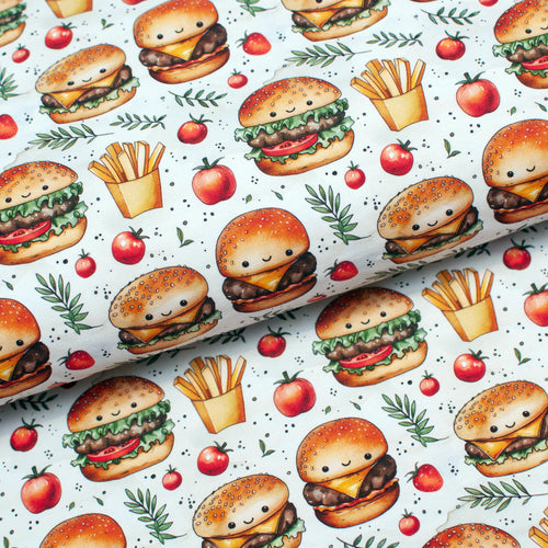 Tissu en ligne Québec jersey de coton lycra motif de hamburger et frites. Online Canadian fabric store cotton spandex jersey knit with burger and fries.