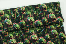 Tissu en ligne jersey de coton lycra motif de monstre 3D. Online fabric cotton spandex jersey knit with monster.