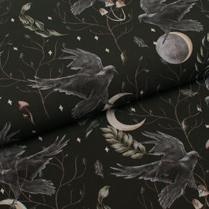 Tissu en ligne jersey de coton lycra motif de corneille et lune. Online fabric cotton spandex jersey knit with moon.