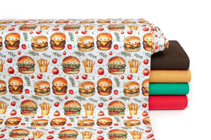 Tissu en ligne Québec jersey de coton lycra motif de hamburger et frites. Online Canadian fabric store cotton spandex jersey knit with burger and fries.