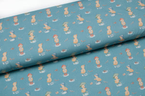 Tissu en ligne Québec jersey de coton lycra motif de canard. Online fabric cotton spandex jersey knit with duck.