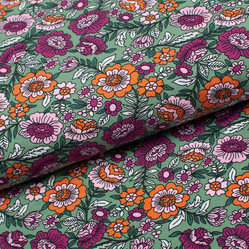 Tissu en ligne Québec jersey de coton lycra motif de fleurs. Online fabric cotton spandex jersey knit with flowers.