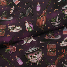 Cotton lycra jersey line fabric with witchcraft pattern. Online fabric cotton spandex jersey knit with wizardry.