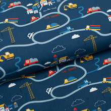 Tissu en ligne Québec jersey de coton lycra motif de voiture et camion dans le traffic de la ville. Online fabric cotton spandex jerney knit with vehicle in a town.
