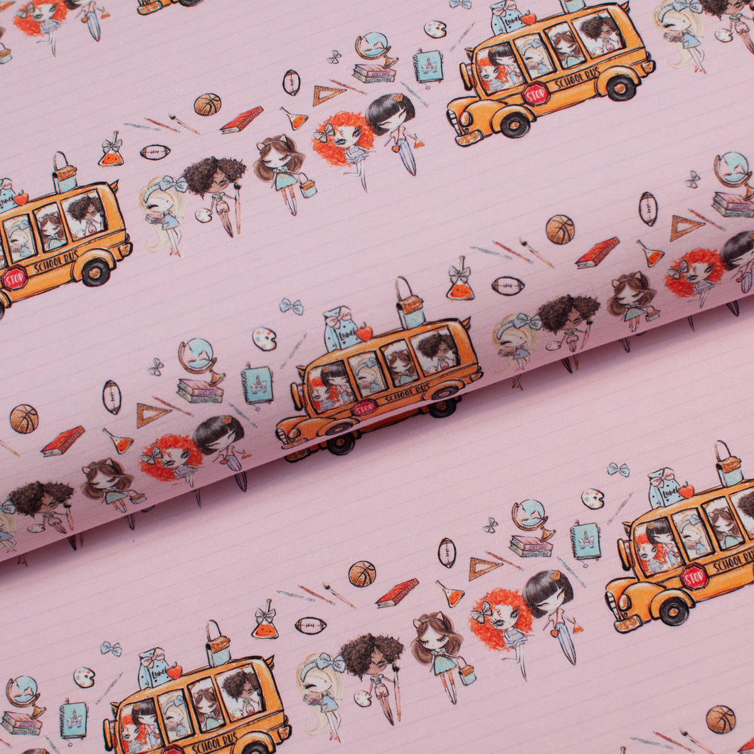 Tissu en ligne Québec jersey de coton lycra motif d'école avec autobus scolaire. Online Canadian fabric shop cotton spandex jersey knit with school bus.