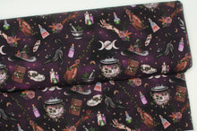 Cotton lycra jersey line fabric with witchcraft pattern. Online fabric cotton spandex jersey knit with wizardry.