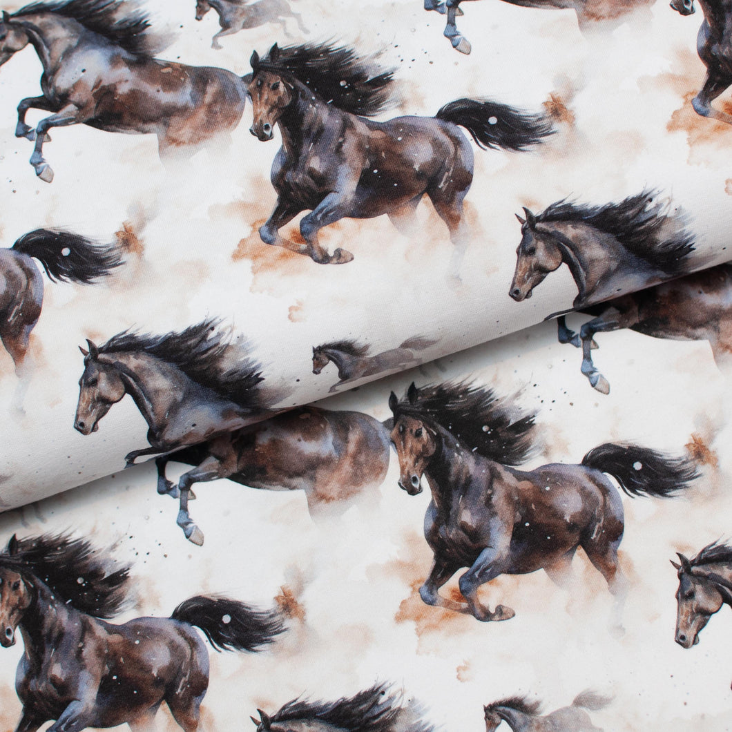 Tissu en ligne Québec french terry de coton spandex motif de cheval. Online fabric cotton spandex french terry knit with horse.