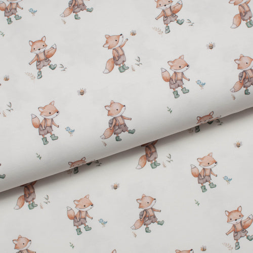 Tissu en ligne Québec jersey de coton lycra motif de renard. Online fabric store cotton spandex jersey knit with fox.