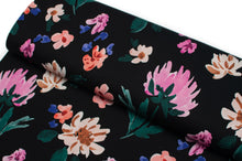 Tissu en ligne Québec french terry de coton lycra motif de grosses fleurs. Online Canadian fabric cotton spandex french terry with big flowers.