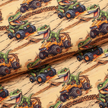 Tissu en ligne Québec jersey de coton lycra motif de dinosaure en quatre roue. Online Canadian fabric store cotton spandex jersey knit with dinosaur doing four wheels.