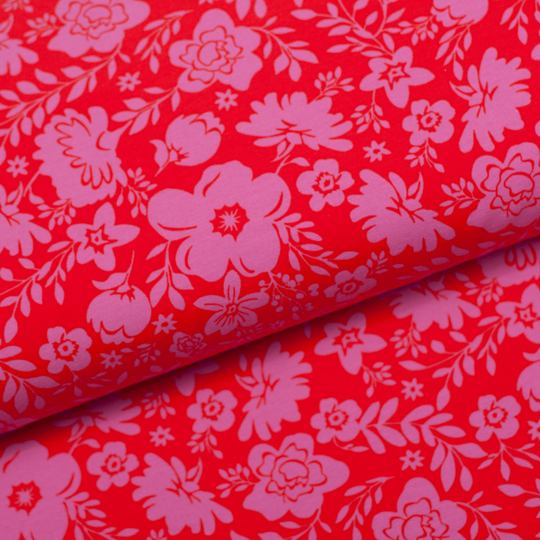 Tissu en ligne Québec jersey de coton lycra motif de fleurs. Oneline fabric store cotton spandex jersey knit with flowers.